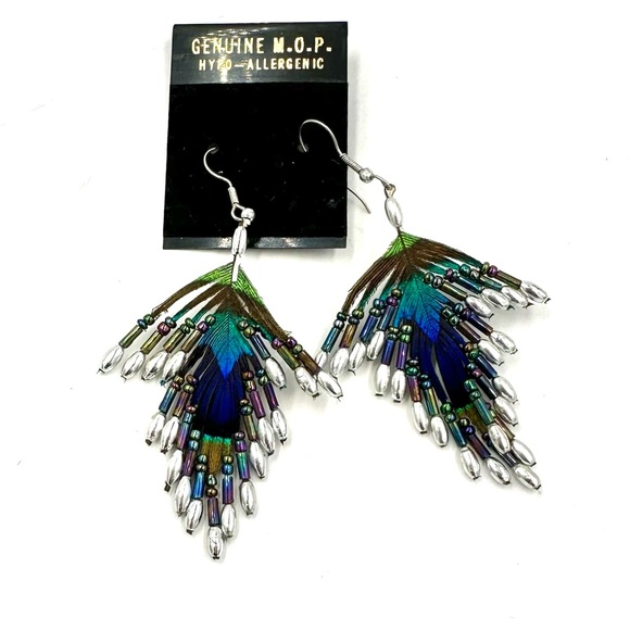 Peacock Feather Silver Bead Dangle Drop Earrings - Picture 1 of 7